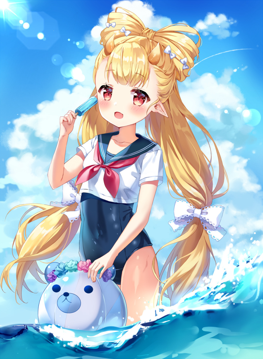 1girl blush breasts character_request dragon dragon_girl dragon_horns eyebrows_visible_through_hair highres horns long_hair looking_at_viewer mayo_(miyusa) ocean one-piece_swimsuit open_mouth pointy_ears red_eyes sailor_collar school_swimsuit sky small_breasts smile solo swimsuit unleashed very_long_hair