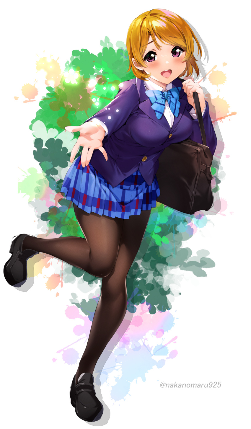 1girl absurdres bag black_footwear blue_bow blue_bowtie blue_neckwear blue_skirt bow bowtie breasts brown_hair brown_legwear full_body highres holding holding_bag koizumi_hanayo large_breasts long_sleeves looking_at_viewer love_live! love_live!_school_idol_project nakano_maru open_mouth pantyhose plaid plaid_skirt school_uniform shoes short_hair simple_background skirt solo standing standing_on_one_leg teeth twitter_username upper_teeth violet_eyes white_background
