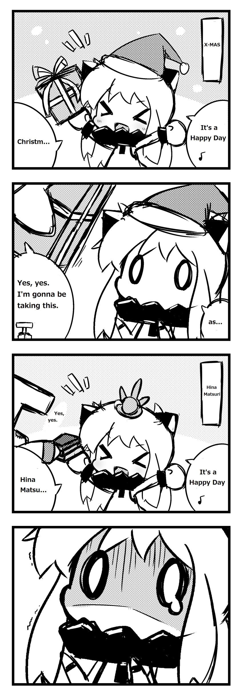 &gt;_&lt; 0_0 1girl 4koma :d absurdres ahoge box bullying christmas closed_eyes comic gift gift_box hair_ornament hard_translated hat highres hishimochi holding horns kantai_collection long_hair mittens monochrome northern_ocean_hime nuu_(nu-nyu) open_mouth santa_hat shinkaisei-kan sketch smile t-head_admiral translated trembling xd