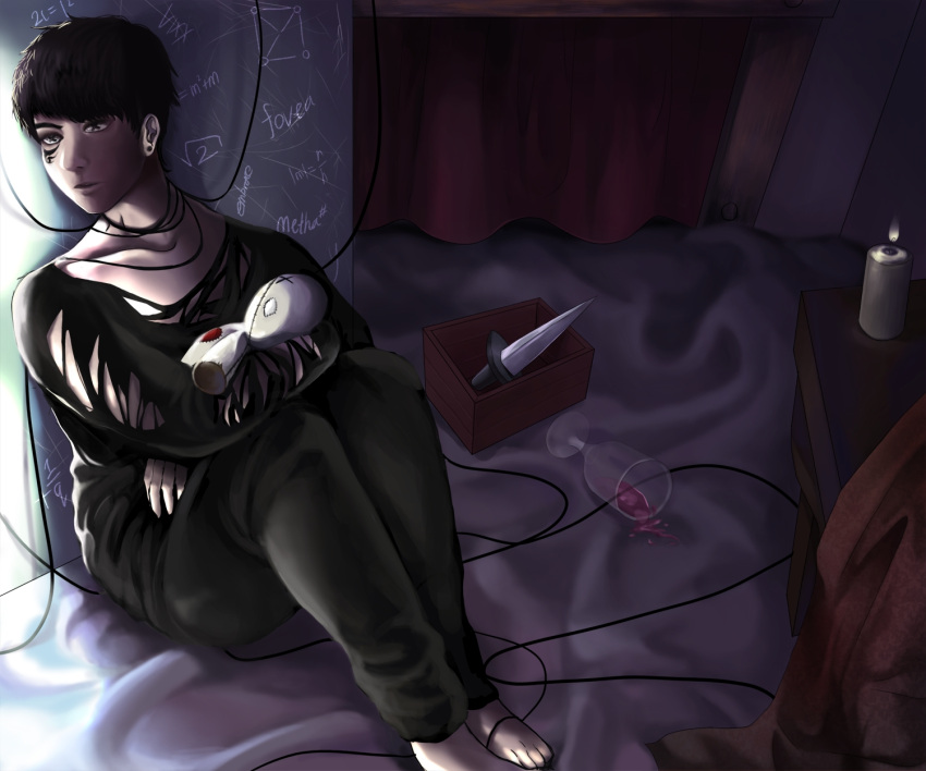 1boy barefoot bdsm black_hair bondage bound box candle crossed_arms doll earrings glass jewelry k-pop knife male_focus math ravi sitting solo string symbol-shaped_pupils torn_clothes vixx voodoo voodoo_doll wine_glass