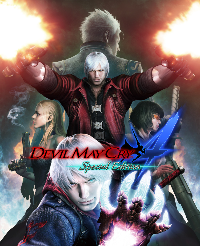 2girls 3boys blonde_hair blue_eyes breasts capcom claws cleavage dante_(devil_may_cry) dark_background devil_may_cry devil_may_cry_4 dual_wielding glowing glowing_hand gun highres hood hoodie jacket lady_(devil_may_cry) logo long_hair looking_at_viewer multiple_boys multiple_girls nero_(devil_may_cry) official_art silver_hair smoke spiky_hair sunglasses trish_(devil_may_cry) vergil weapon