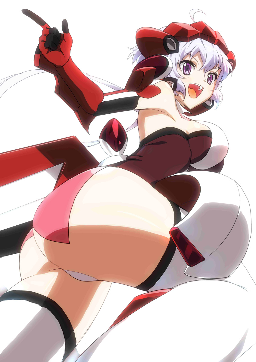 1girl absurdres ahoge armpits ass bodysuit breasts female from_below grin highres large_breasts open_mouth panties pointing senki_zesshou_symphogear sideboob simple_background smile solo thigh-highs twintails underwear violet_eyes white_background white_hair white_panties yukine_chris