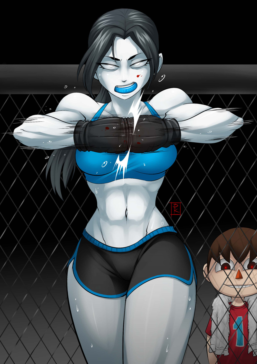 1boy 1girl abs absurdres black_hair blood blood_on_face blunt-katana breasts cracking_knuckles doubutsu_no_mori evil_grin evil_smile grey_eyes grin highres long_hair midriff mixed_martial_arts mouth_guard muscle navel nintendo open_mouth ponytail red_eyes short_shorts shorts smile super_smash_bros. sweat tank_top thick_thighs thighs toned villager_(doubutsu_no_mori) white_skin wii_fit wii_fit_trainer you_gonna_get_raped