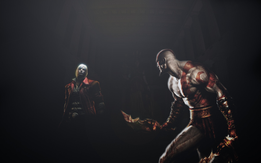 2boys bald battle crossover dante_(devil_may_cry) devil_may_cry devil_may_cry_4 dual_wielding epic god_of_war jacket kratos multiple_boys pteruges red_jacket weapon white_hair