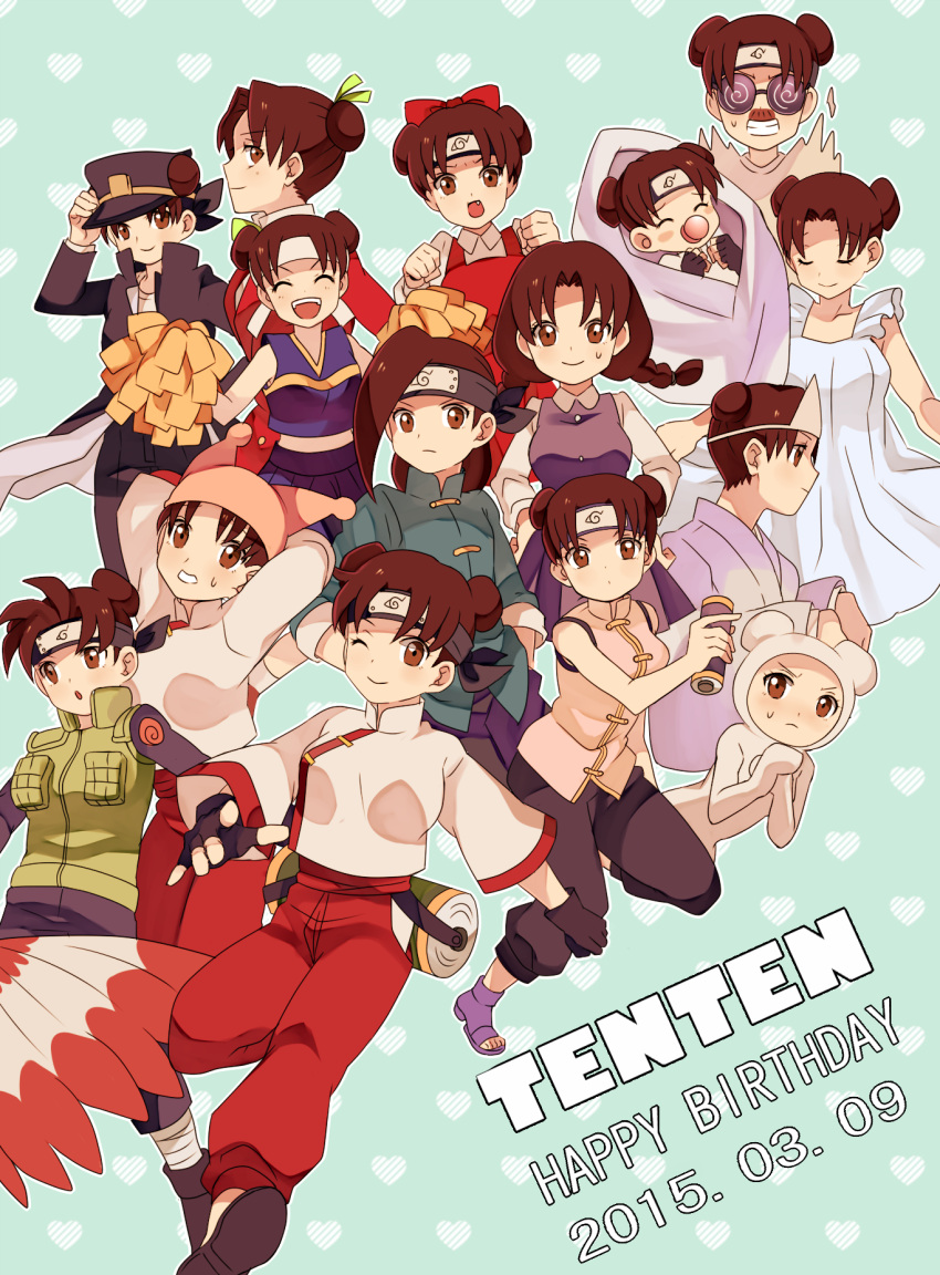 10s 13domon 2015 6+girls :d baby brown_eyes brown_hair cheerleader closed_eyes dated double_bun fang flak_jacket forehead_protector glasses happy_birthday hat headband japanese_clothes multiple_girls multiple_persona naruto naruto_shippuuden open_mouth pacifier peaked_cap pom_poms smile tenten wink