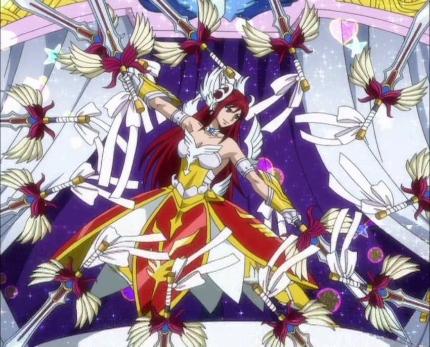 1girl armband armor armored_dress breasts brown_eyes cleavage dual_wielding erza_scarlet fairy_tail gauntlets holding holding_weapon jewelry multiple_swords redhead screencap stitched sword weapon