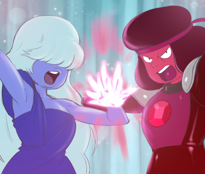 2girls blue_skin cartoon_network domon_kasshu domon_kasshu_(cosplay) g_gundam glowing glowing_hand gundam headband multiple_girls open_mouth parody rain_mikamura rain_mikamura_(cosplay) randomboobguy red_skin ruby_(steven_universe) sapphire_(steven_universe) steven_universe