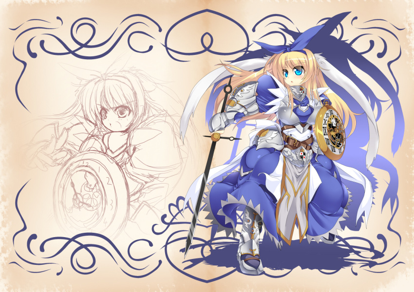 1girl armor armored_dress blonde_hair blue_eyes long_hair princess rei_shabu shield solo sword weapons