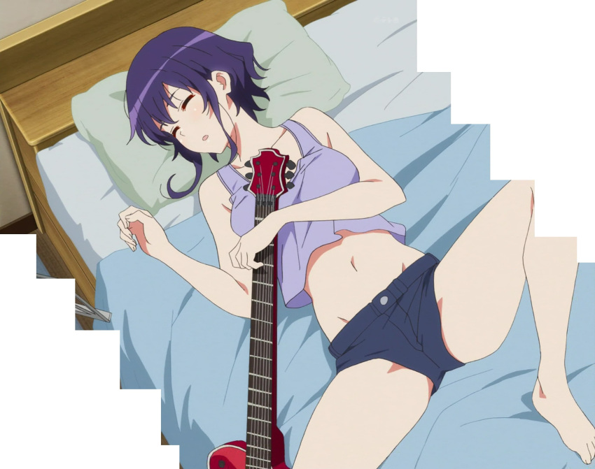 1girl bed guitar highres hyoudou_michiru instrument purple_hair saenai_heroine_no_sodatekata screencap short_hair sleeping