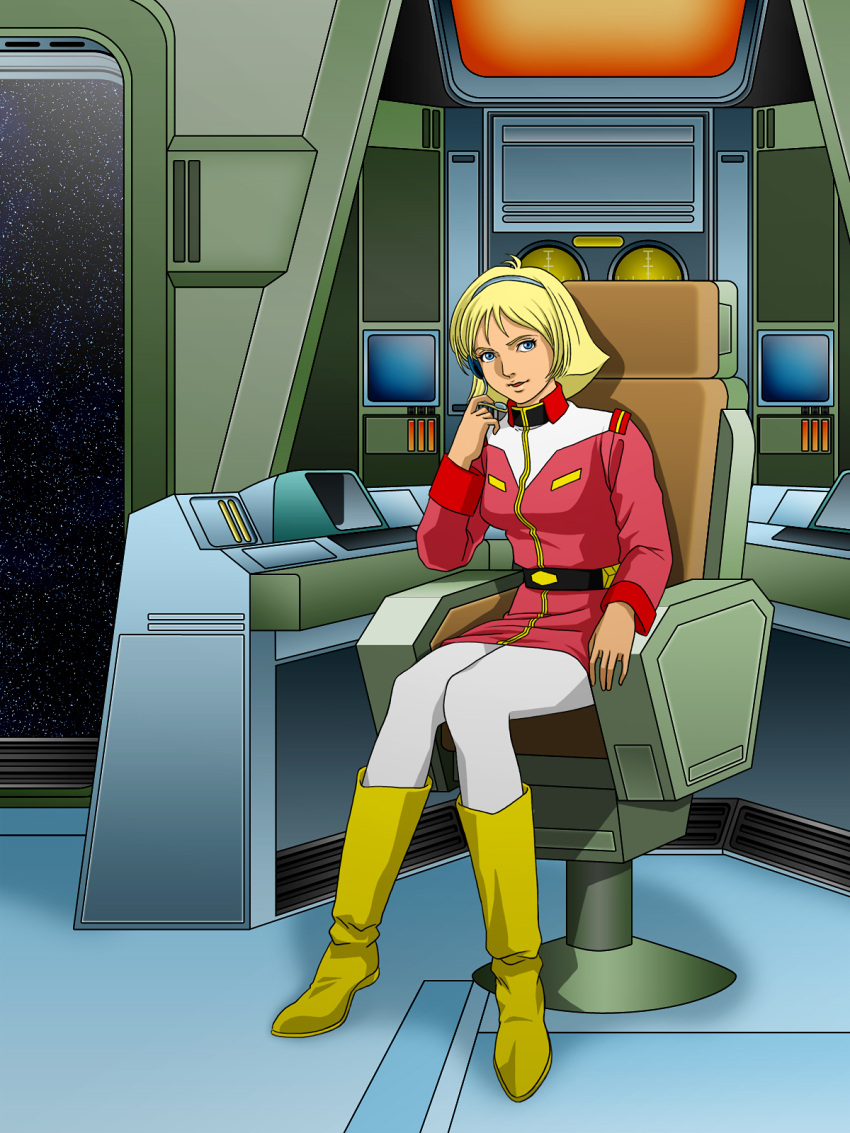 1girl belt blonde_hair blue_eyes bonjin-do boots breasts chair feet female galaxy gundam headset highres large_breasts looking_at_viewer mobile_suit_gundam open_mouth sayla_mass short_hair sitting smile solo space star uniform window