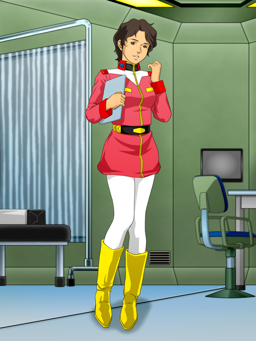1girl belt black_eyes black_hair bonjin-do boots breasts chair character_request feet gundam highres legs looking_at_viewer masaki_(mobile_suit_gundam) mobile_suit_gundam monitor short_hair small_breasts smile solo standing suit table thighs uniform