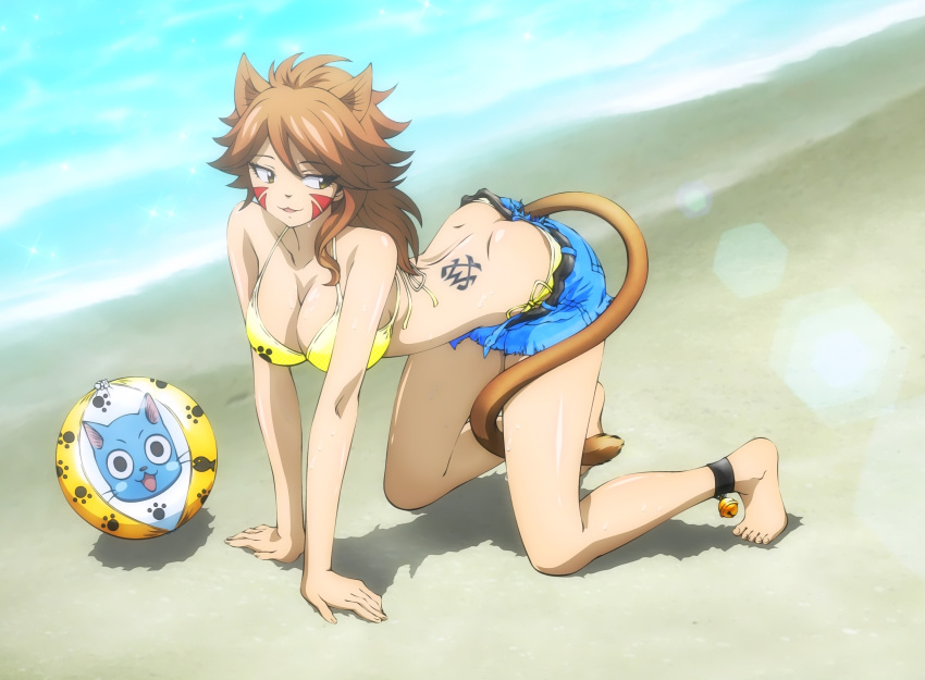 1girl all_fours animal_ears ball barefoot beach beachball bell bikini_top breasts brown_eyes brown_hair butt_crack cat_tail cleavage fairy_tail hanging_breasts happy_(fairy_tail) highres large_breasts millianna sand screencap shorts stitched swimsuit tail tattoo