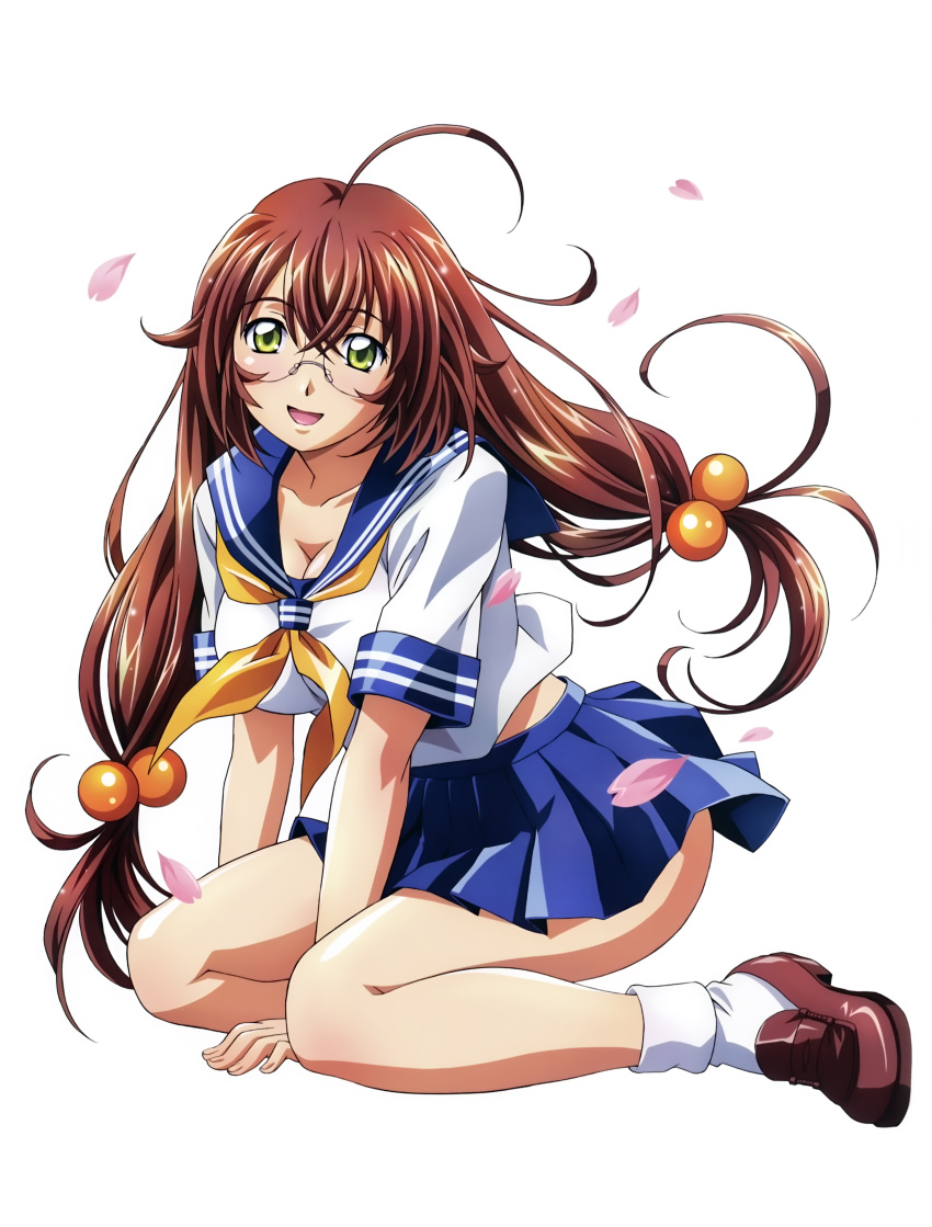 00s 1girl absurdres ahoge blush breasts brown_hair cleavage female glasses green_eyes highres ikkitousen large_breasts long_hair looking_at_viewer open_mouth sitting smile solo twintails