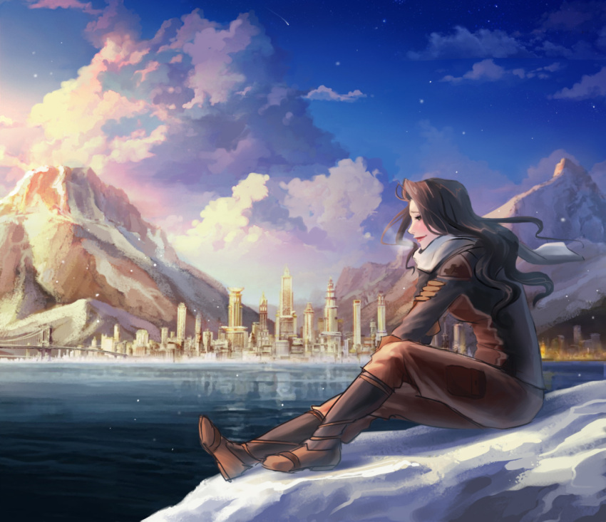 1girl artist_request asami_sato avatar:_the_last_airbender black_hair city clouds curly_hair ice lipstick makeup mountain red_lipstick scarf sitting snow snowing solo sunset the_legend_of_korra