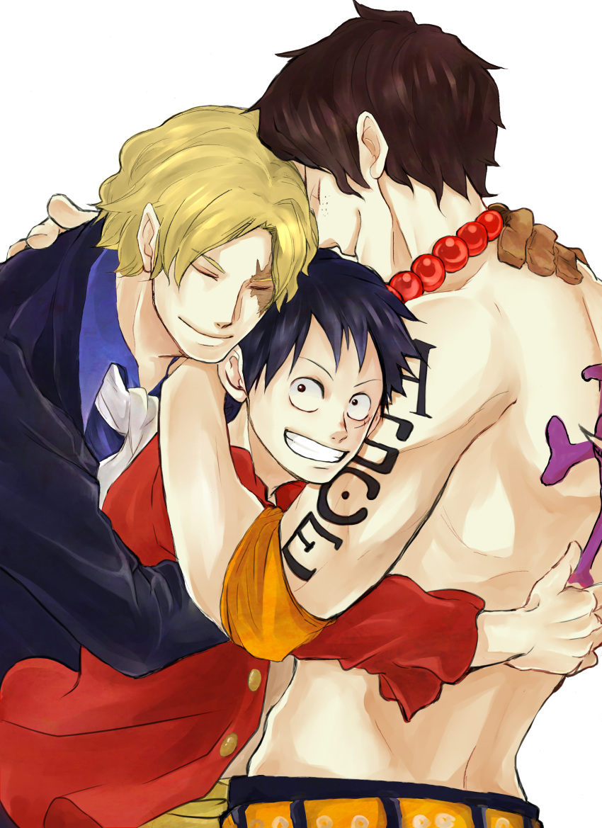 3boys black_hair blonde_hair brothers closed_eyes cravat family freckles highres jolly_roger male_focus monkey_d_luffy multiple_boys one_piece open_clothes open_shirt pirate portgas_d_ace red_shirt sabo_(one_piece) scar shirt siblings simple_background smile tattoo topless white_background