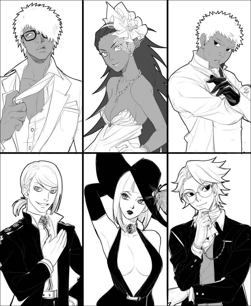 2girls 4boys atsui breasts c_(naruto) choker cleavage darui dress earrings formal glasses gloves hair_ornament hair_over_one_eye hat highres jewelry karui lipstick looking_at_viewer makeup monochrome multiple_boys multiple_girls naruto naruto_shippuuden necklace noeunjung93 omoi_(naruto) samui suit
