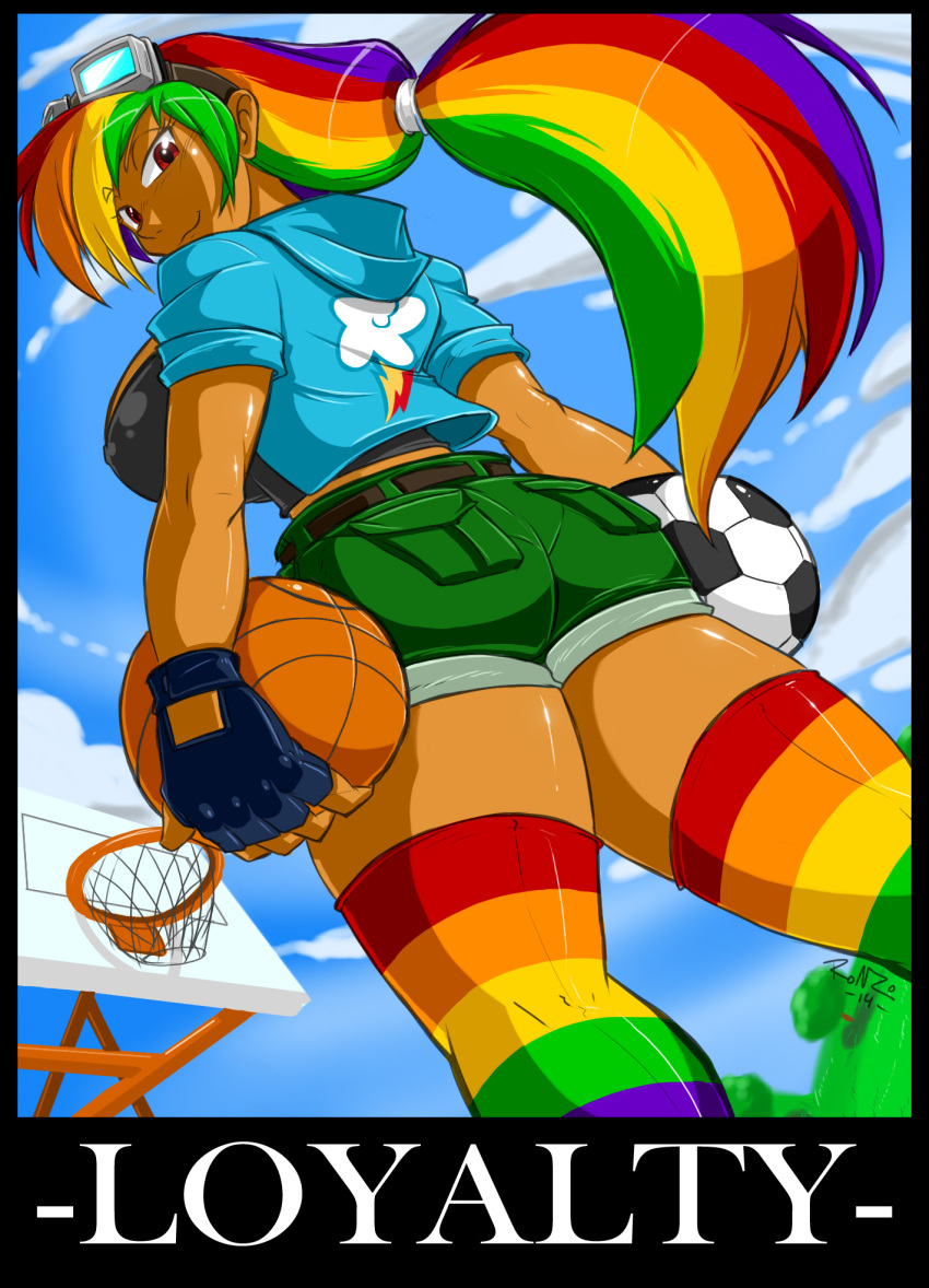 1girl ass ball basketball basketball_hoop belt breasts clouds dark_skin erect_nipples fingerless_gloves from_behind gloves goggles goggles_on_head hood hoodie large_breasts my_little_pony my_little_pony_friendship_is_magic personification ponytail rainbow_dash rainbow_hair red_eyes shonuff44 shorts smirk soccer_ball thigh-highs toned