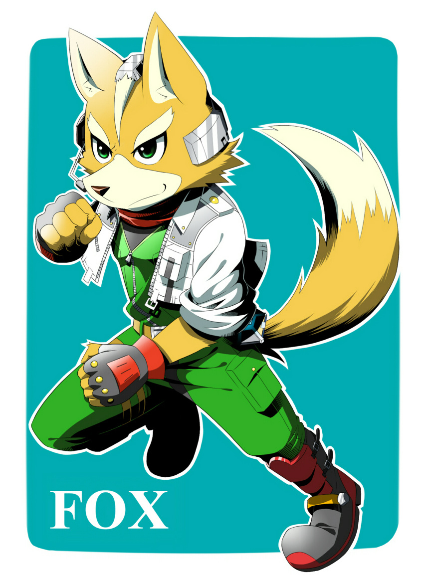 1boy belt boots fingerless_gloves fox_mccloud furry gloves green_eyes headset jacket nintendo scarf smile solo star_fox tail text