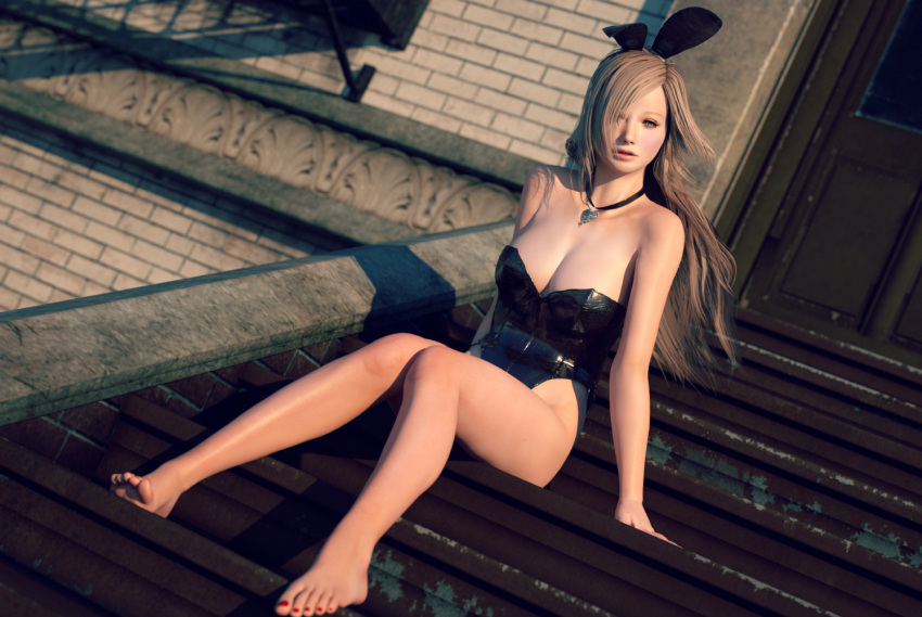 1girl 3d arm_support bare_arms bare_legs bare_shoulders blonde_hair breasts bunny_girl bunnysuit cleavage feet haneto jewelry legs long_hair looking_at_viewer modeling necklace original outdoors realistic stairs