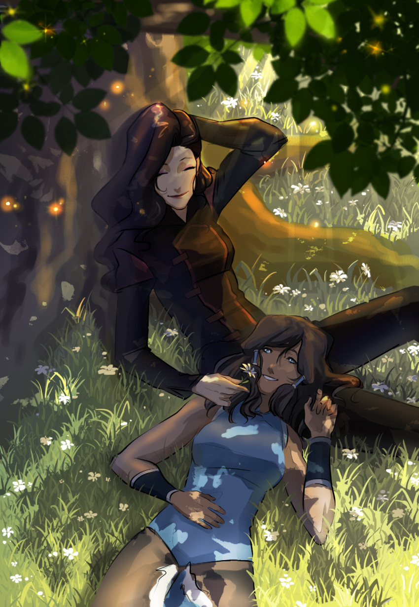 2girls artist_request asami_sato avatar:_the_last_airbender black_hair blue_eyes brown_hair closed_eyes couple curly_hair dark_skin eyeshadow flower grass korra lap_pillow lying makeup multiple_girls sitting smile the_legend_of_korra tree wristband yuri