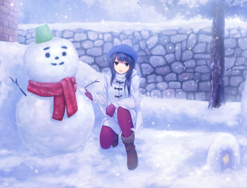 1girl absurdres coffee-kizoku highres pantyhose snow snowman solo