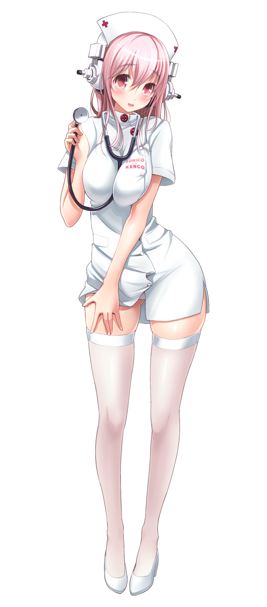 1girl blush breast_squeeze breasts cosplay feet female hat headphones high_heels highres large_breasts legs looking_at_viewer nitroplus nurse nurse_cap pink_hair red_eyes short_hair simple_background smile solo standing stethoscope super_sonico thigh-highs thighs white_background