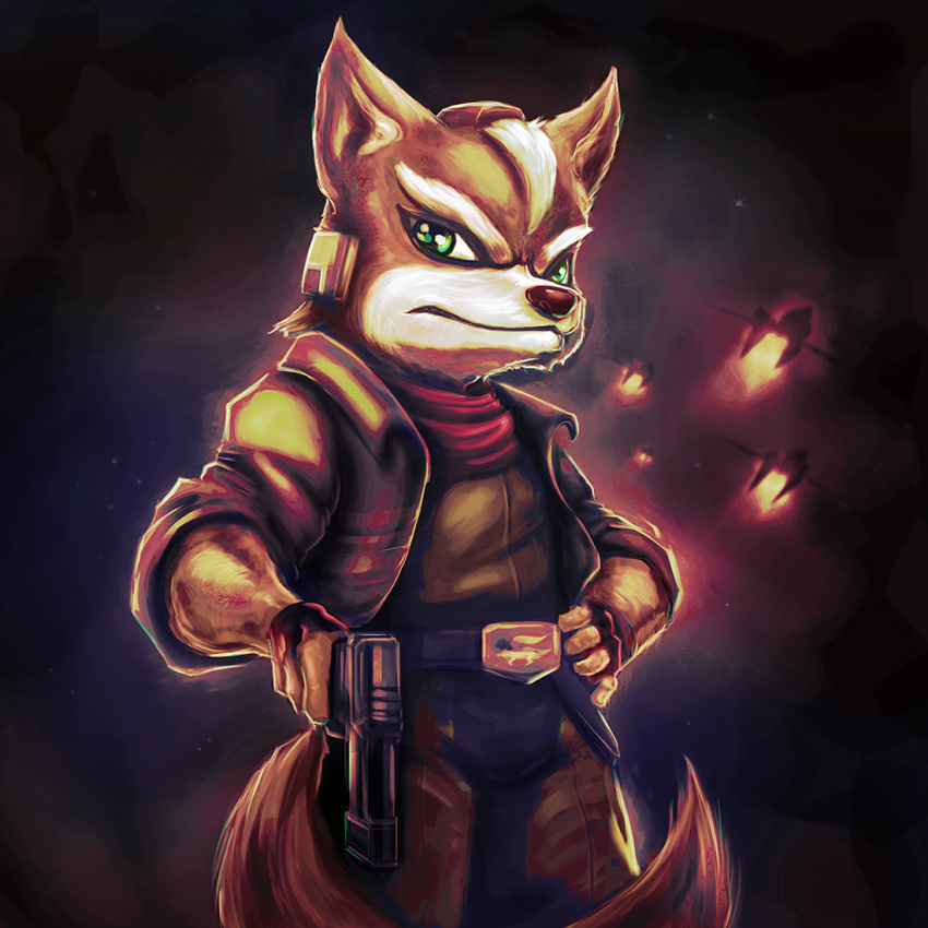 1boy arwing belt fox_mccloud furry green_eyes gun handgun headset jacket nintendo scarf solo star_fox weapon