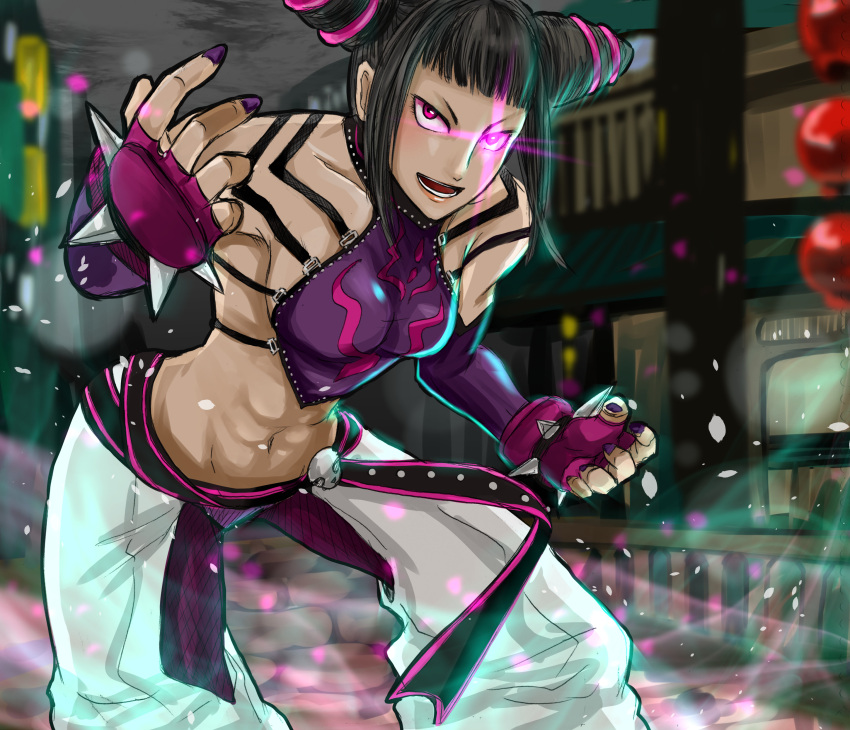 1girl abs black_hair breasts capcom city detached_sleeves female fingerless_gloves gloves han_juri hayame_(m_ayame) highres nail_polish pants pantyhose solo street_fighter street_fighter_iv toned twintails violet_eyes