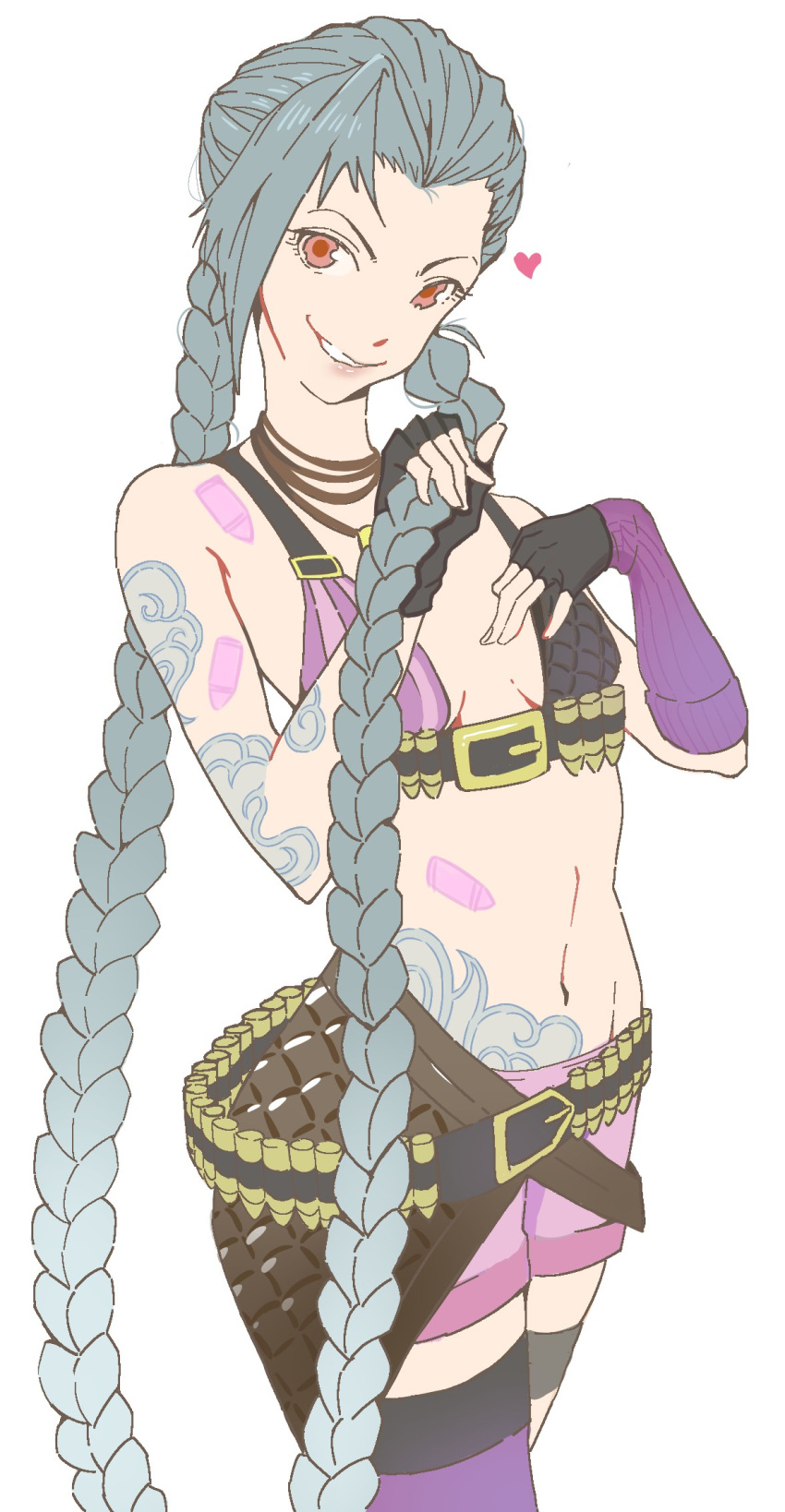 1girl blue_hair braid bullet female hairline jinx_(league_of_legends) league_of_legends long_hair pink_eyes solo tattoo twin_braids twintails
