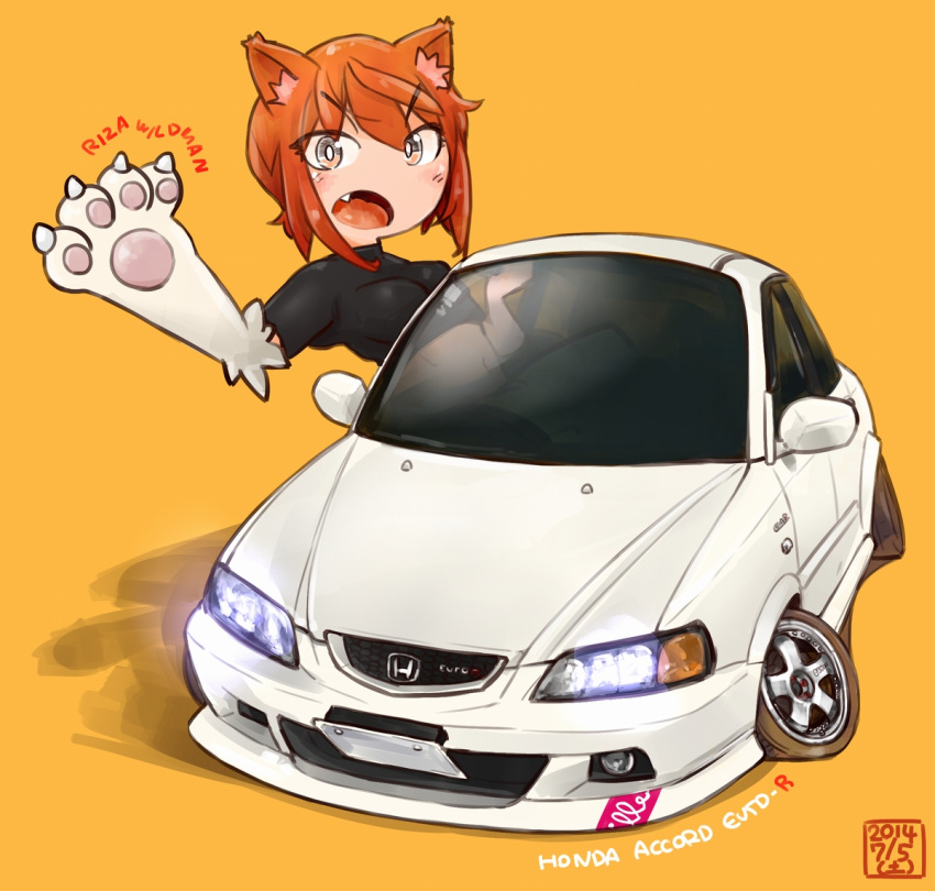 10s 1girl 2014 animal_ears car character_name dated fang ground_vehicle honda honda_accord_euro-r kaibutsu_oujo looking_at_viewer midriff monster_girl motor_vehicle navel open_mouth paws redhead riza_wildman san_mamiya vehicle