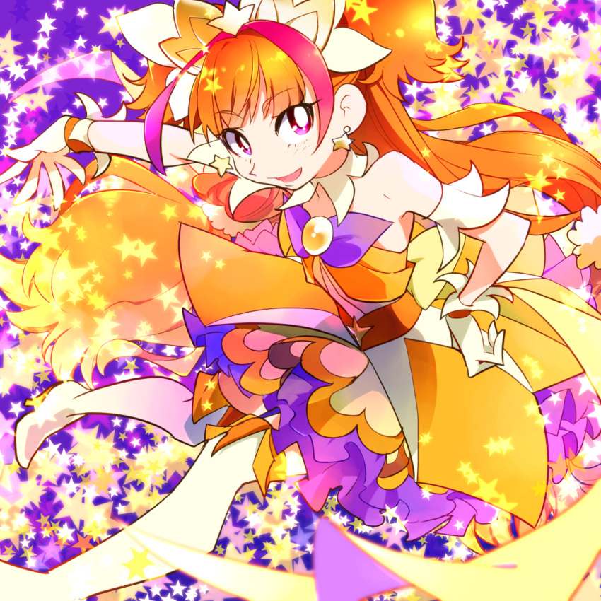 1girl amanogawa_kirara armpits artist_request bare_shoulders breasts brown_hair choker cleavage cure_twinkle earrings gloves go!_princess_precure hand_on_hip jewelry long_hair magical_girl precure purple_background smile solo star star_earrings twintails very_long_hair violet_eyes white_gloves