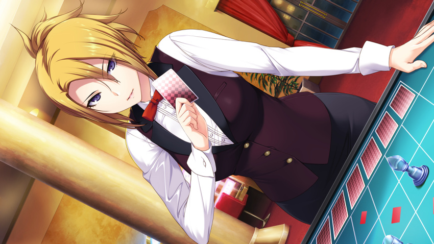 1girl akuma_musume_no_kanban_ryouri benimura_karu blonde_hair blue_eyes bow bowtie breasts card casino chair chess_piece curtains female game_cg large_breasts looking_at_viewer pawn ponytail skirt solo standing window
