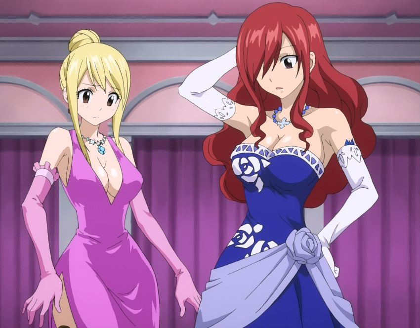 2girls arm_up blonde_hair breasts brown_eyes cleavage cleavage_cutout dress elbow_gloves erza_scarlet fairy_tail gloves hand_on_hip highres jewelry large_breasts long_hair lucy_heartfilia multiple_girls necklace redhead screencap stitched
