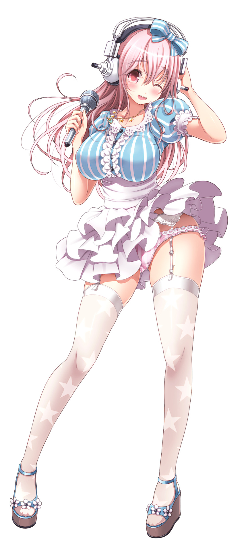 1girl blush breasts feet female garter_straps headphones highres large_breasts legs looking_at_viewer microphone nitroplus open_mouth panties pink_hair red_eyes short_hair simple_background smile solo standing super_sonico thigh-highs thighs underwear white_background wink