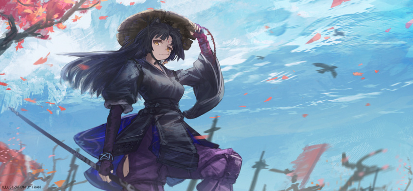 1girl animal_ears arknights artist_name bangs bird black_hair black_kimono dog_ears fingerless_gloves franlol gloves hand_on_headwear hat highres hip_vent holding holding_polearm holding_weapon japanese_clothes kimono long_hair looking_at_viewer mouth_hold outdoors pants parted_bangs petals polearm purple_gloves purple_pants saga_(arknights) stalk_in_mouth standing straw_hat tree weapon wide_sleeves yellow_eyes