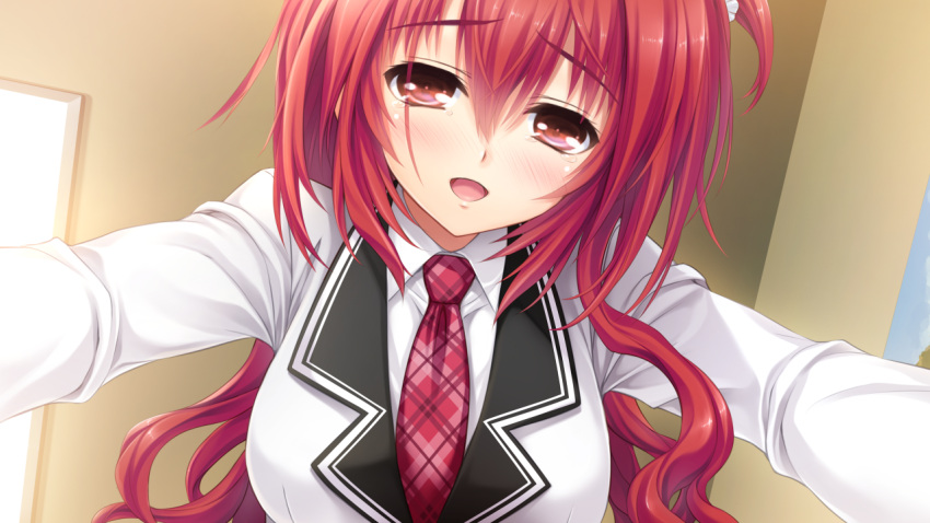 1girl blush breasts female game_cg kamio_ami large_breasts long_hair looking_at_viewer necktie norita open_mouth red_eyes redhead school_uniform semiramis_no_tenbin smile solo tears