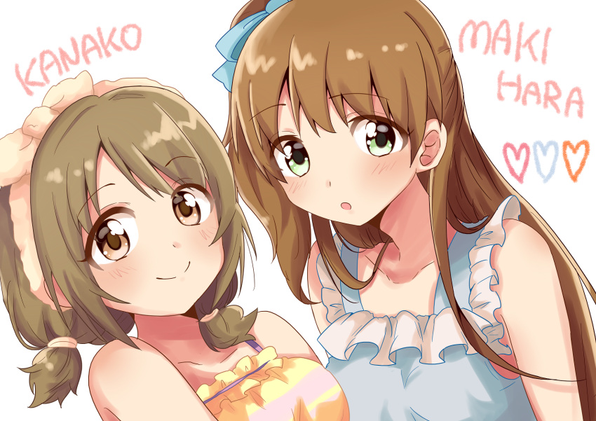 2girls alternate_hairstyle bare_shoulders blush bow brown_eyes brown_hair character_name closed_mouth collarbone commentary_request cowboy_shot eyebrows eyebrows_visible_through_hair green_eyes hair_bow highres idolmaster idolmaster_cinderella_girls kohanu long_hair looking_at_viewer low_twintails makihara_shiho mimura_kanako multiple_girls off_shoulder smile twintails upper_body
