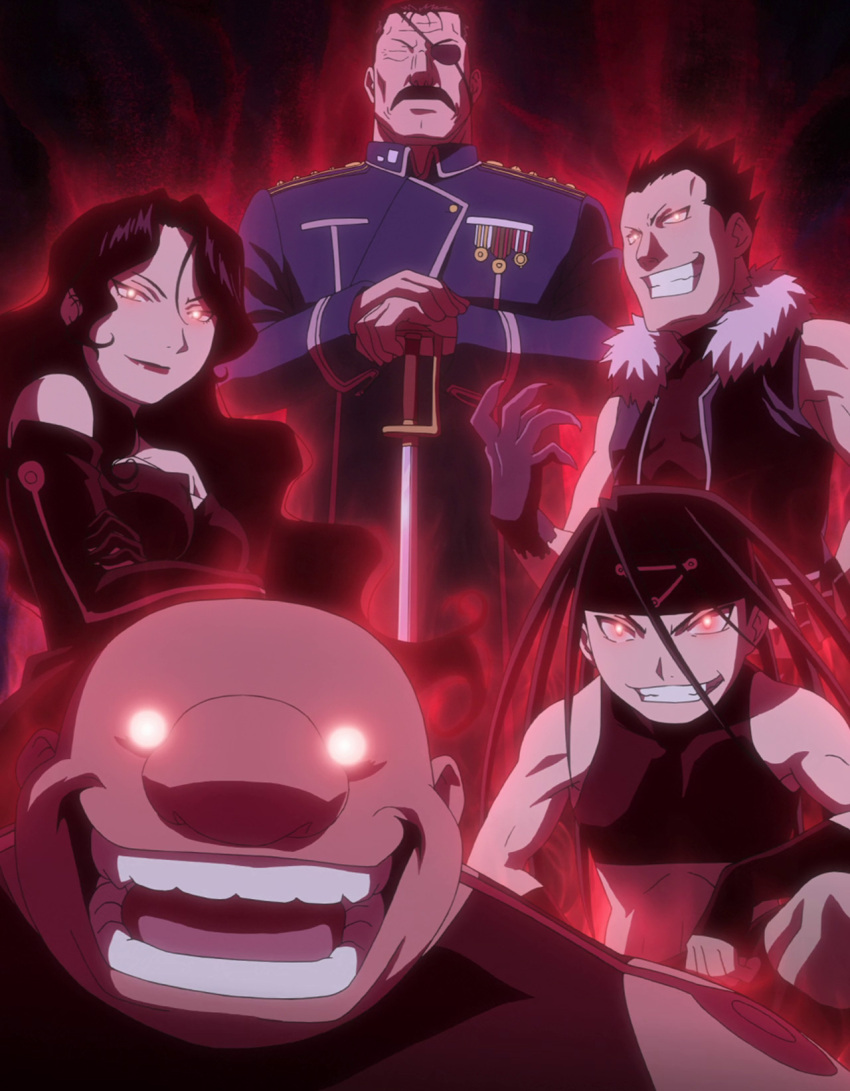 envy_(fma) eyepatch facial_hair fullmetal_alchemist gluttony greed homunculus king_bradley lust multiple_boys mustache screencap stitched sword uniform