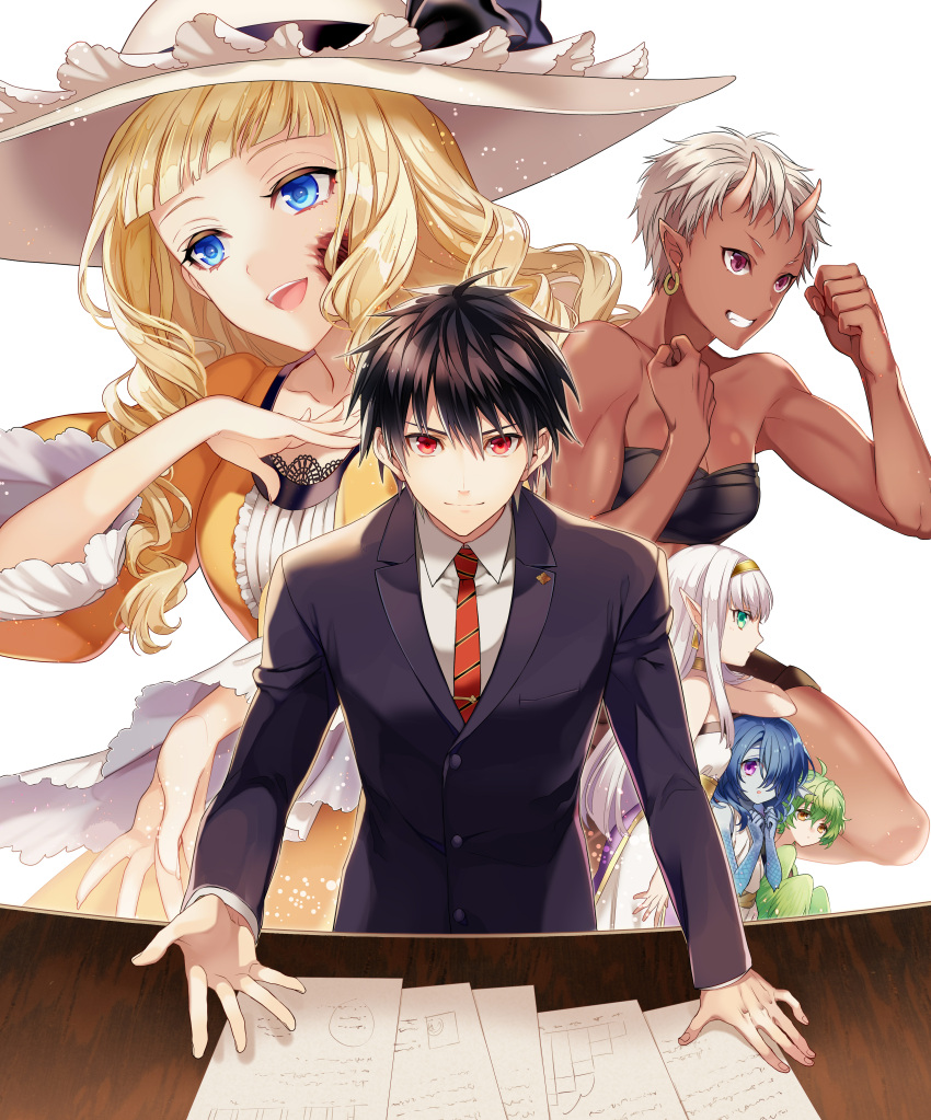 1boy 5girls :d absurdres ahoge arm_support bandeau bangs bare_arms bare_shoulders beckoning black_hair black_jacket black_pants black_ribbon blonde_hair blue_eyes blue_hair blue_skirt blunt_bangs breasts buttons cleavage clenched_hand closed_mouth collarbone collared_shirt curly_hair dark_skin dorei_career_planner_na_seikou_dekiru_shokugyou dress dress_shirt earrings facial_mark feathered_wings formal frills green_eyes green_hair green_wings grin hair_between_eyes hair_over_one_eye hairband hand_in_hair hand_on_own_chest hat hat_ribbon highres horns jacket jewelry kuroemon lace lace-trimmed_dress light_particles long_hair long_sleeves looking_at_viewer medium_breasts midriff monster_girl multiple_girls necktie official_art one_eye_covered oni_horns open_mouth palms pants paper pointy_ears profile red_eyes red_necktie ribbon sash scales shirt short_hair simple_background skirt sleeves_past_elbows small_breasts smile strapless suit sun_hat table tie_clip toned violet_eyes wavy_hair white_background white_dress white_hair white_hat white_shirt wide_sleeves wings yellow_dress yellow_eyes