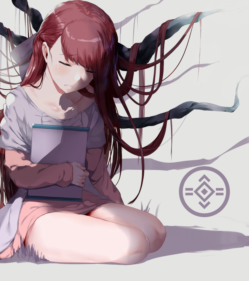 1girl bow brown_hair closed_eyes crying hair_bow hair_ribbon hews_hack highres logo long_hair ribbon rin_(shelter) shelter_(music_video) sitting solo tablet_pc tears yokozuwari