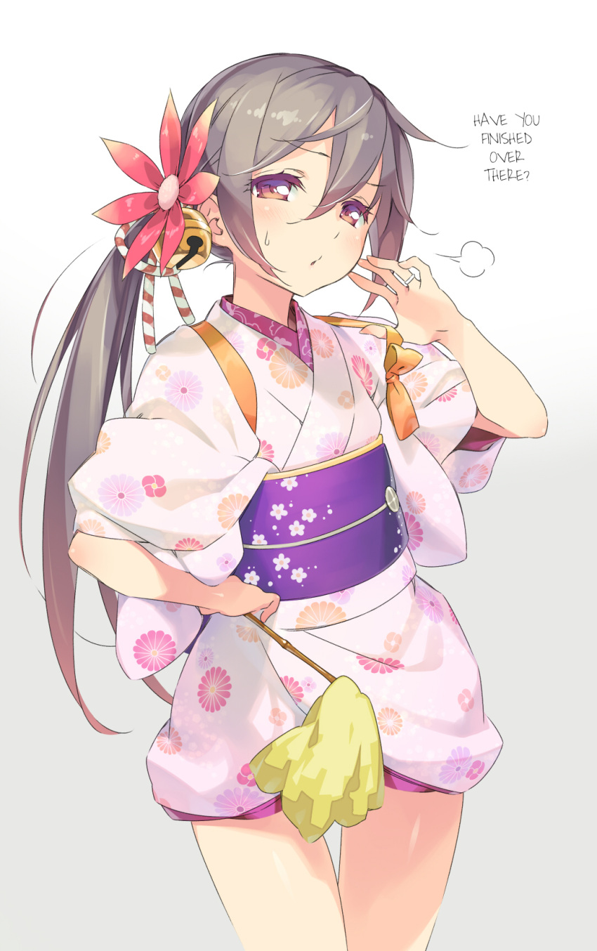 1girl akebono_(kantai_collection) bell covering covering_crotch cowboy_shot floral_print flower gayarou hair_bell hair_flower hair_ornament hard_translated highres japanese_clothes jewelry jingle_bell kantai_collection kimono long_hair looking_at_viewer obi open_mouth purple_hair ring sash short_kimono side_ponytail solo talking_to_viewer tasuki thigh_gap translated violet_eyes