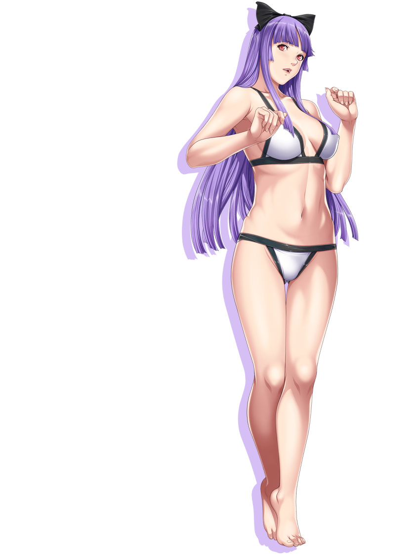 1girl bangs barefoot bikini blunt_bangs blush bra breasts cleavage closed_game cocona_stemper empress_(studio) erect_nipples feet game_cg hair_ribbon highres large_breasts legs long_hair looking_at_viewer navel open_mouth panties purple_hair red_eyes ribbon sei_shoujo simple_background solo standing swimsuit thighs toes transparent_background underwear violet_eyes