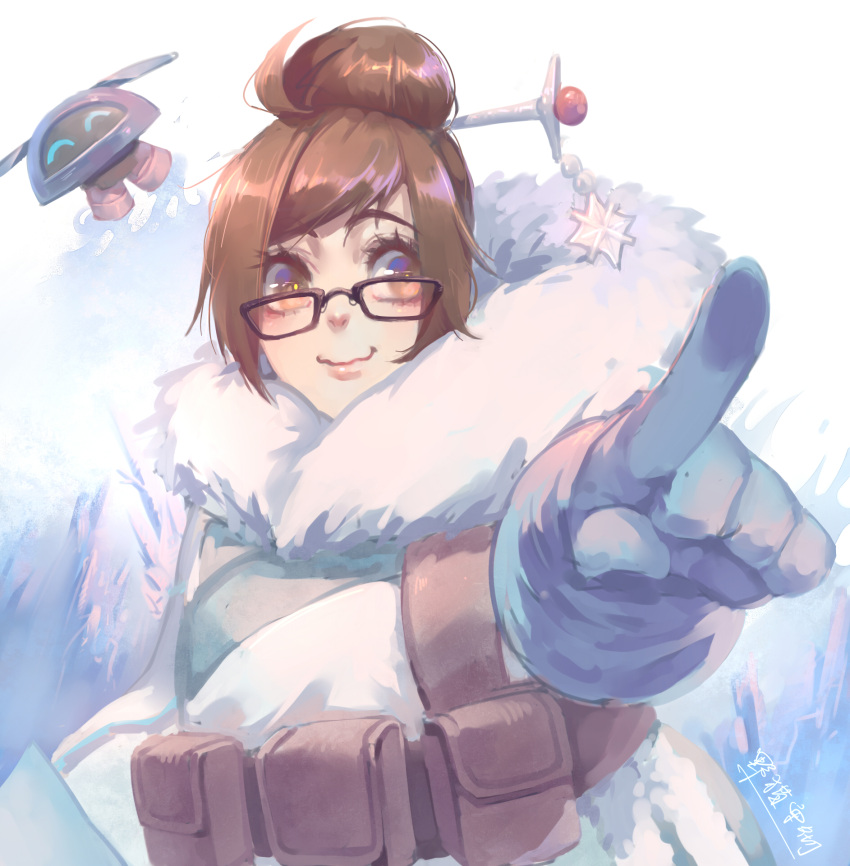 1girl artist_name bangs beads belt belt_pouch black-framed_eyewear blue_gloves brown_eyes brown_hair closed_mouth coat drone eyebrows eyebrows_visible_through_hair eyelashes floating fur-lined_jacket fur_coat fur_trim glasses gloves hair_bun hair_ornament hair_stick hand_on_hip hand_up harness highres index_finger_raised long_sleeves looking_at_viewer machinery mei_(overwatch) nose overwatch parka pink_lips pointing robot short_hair sidelocks signature smile snowball_(overwatch) snowflake_hair_ornament solo strap swept_bangs upper_body utility_belt winter_clothes winter_coat