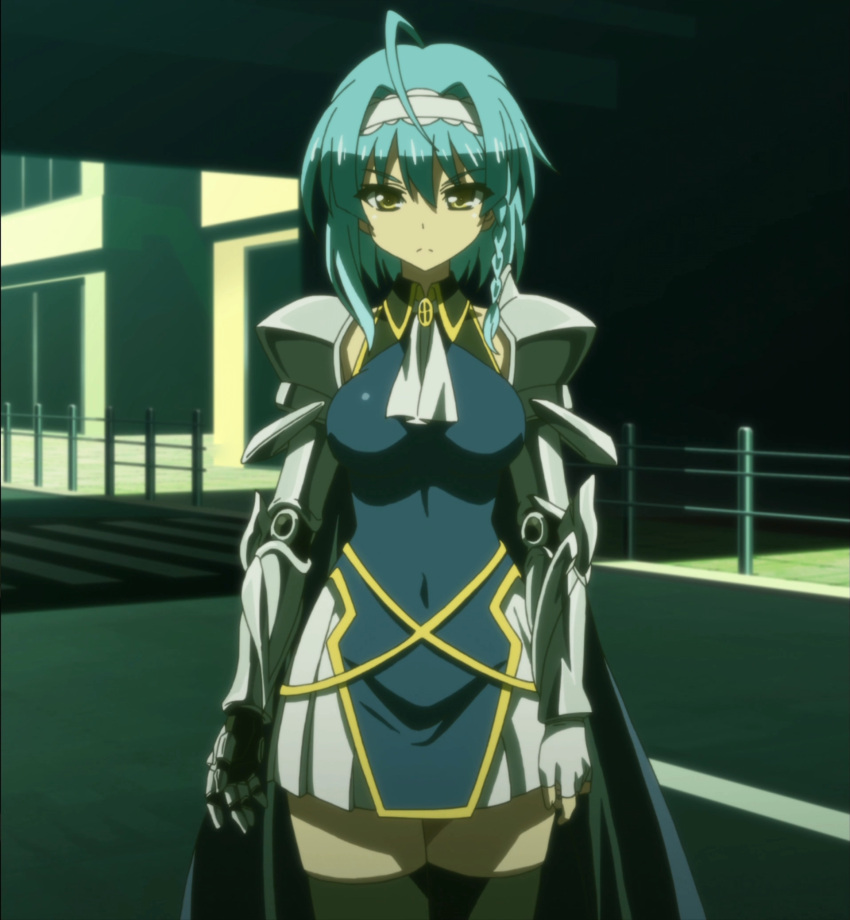 1girl armor blue_hair breasts highres nonaka_yuki screencap serious shinmai_maou_no_testament solo standing stitched yellow_eyes