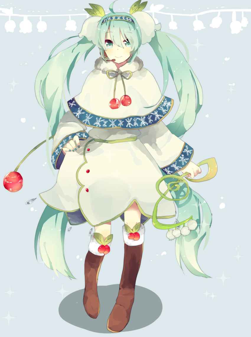 1girl ahoge boots capelet hatsune_miku highres knees lily_of_the_valley long snowflake_print solo twintails vocaloid yuki_miku
