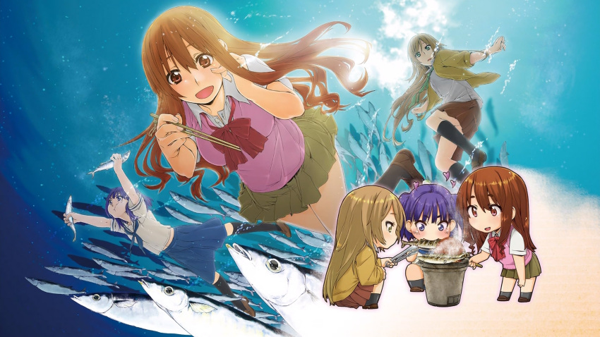 3girls brown_hair chopsticks cooking eating end_card fish food green_eyes grill koufuku_graffiti long_hair machiko_ryou minakuchi_takashi morino_kirin multiple_girls purple_hair school_uniform screencap shichirin shiina_(koufuku_graffiti) underwater violet_eyes water