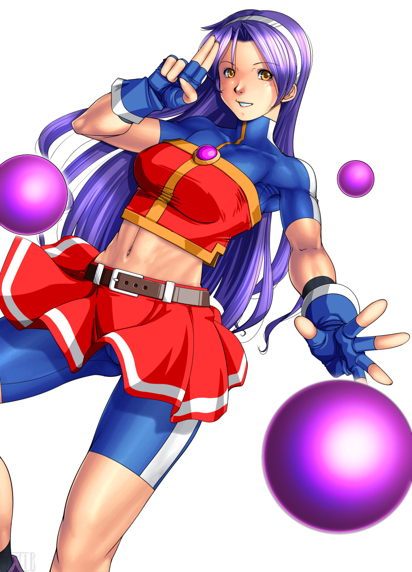 1girl absurdres arikawa asamiya_athena ball belt breasts fingerless_gloves gloves hairband halter_top halterneck highres king_of_fighters legs long_hair looking_at_viewer midriff navel purple_hair salute simple_background skirt small_breasts smile solo spandex standing thighs white_background yellow_eyes