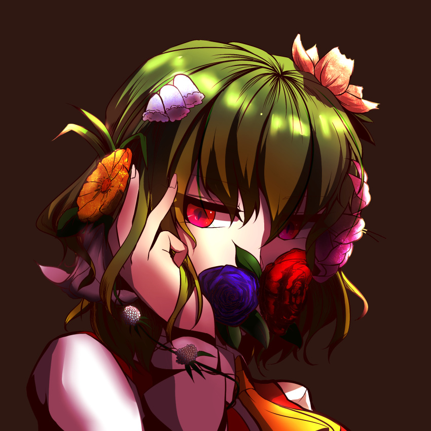 1girl ascot black_background close-up flower green_hair hair_flower hair_ornament highres itocoh kazami_yuuka lily_(flower) lily_of_the_valley plaid plaid_vest red_eyes rose short_hair solo touhou