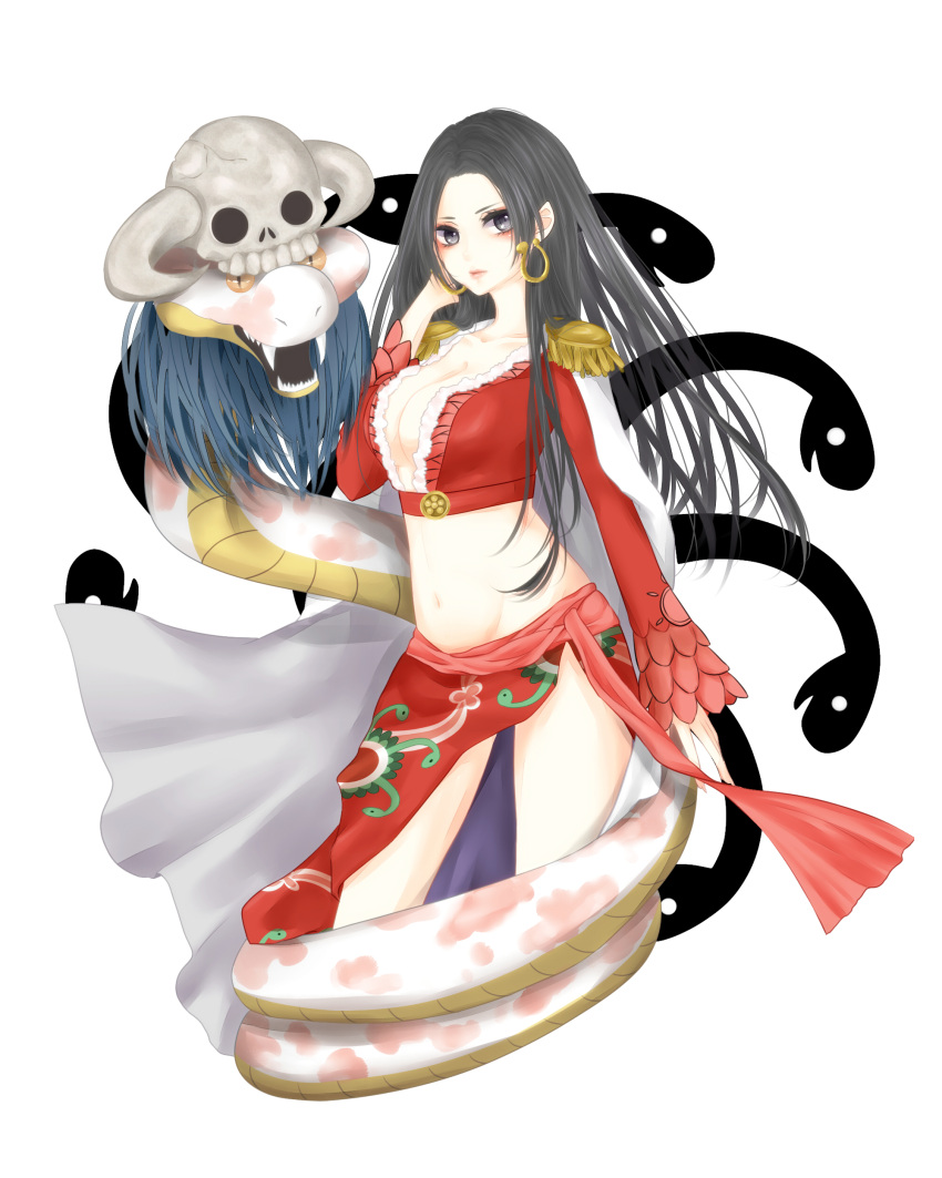 1girl amazon black_eyes black_hair boa_hancock breasts cleavage earrings highres jewelry long_hair looking_at_viewer midriff navel one_piece salome_(one_piece) side_slit snake solo standing