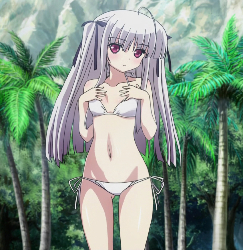 1girl 8-bit_(company) absolute_duo beach bikini breasts flat_chest hair_ornament hair_ribbon long_hair looking_at_viewer midriff navel outdoors palm_tree red_eyes ribbon sand screencap side-tie_bikini silver_hair small_breasts solo standing swimsuit thighs tree two_side_up yurie_sigtuna